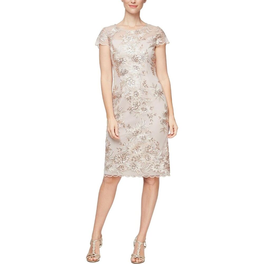 Alex Evenings Short Knee Length Floral Embroidered Cocktail Sheath Dress, 16